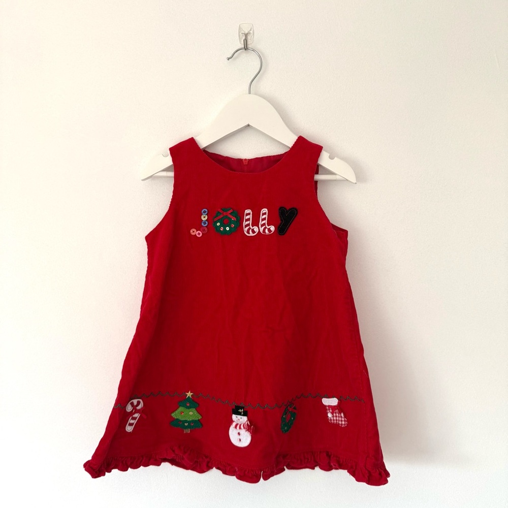 Christmas Corduroy Jumper Dress Red Jolly Applique Tree Candy Cane size 2